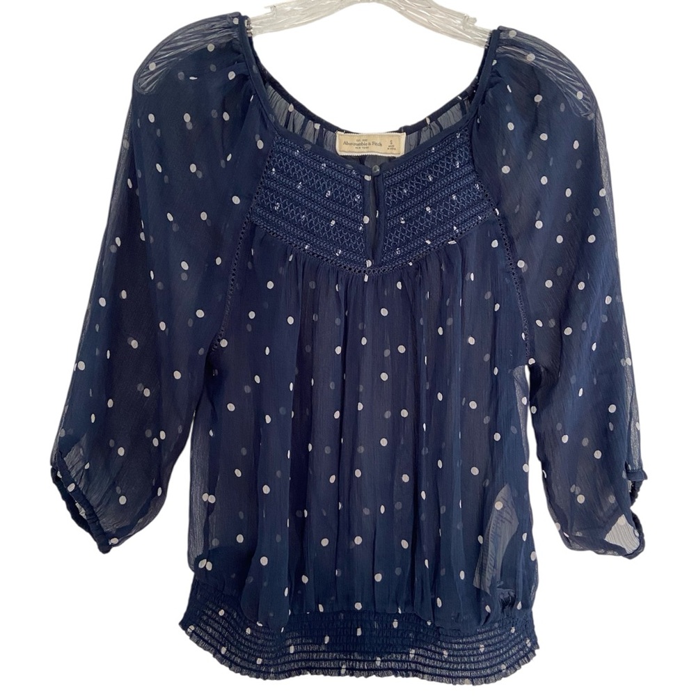 Abercrombie & Fitch Sheer Blouse Navy Blue Polka Dot Boho Smocking Puff Sleeve S